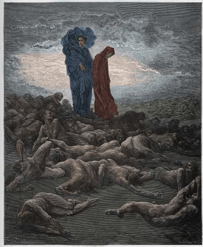 Purgatoire, Chant 20 : Les âmes des avares, illustration de La Divine Comédie de Dante Alighieri, 1885 (gravure colorée numériquement) - Gustave after Dore